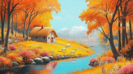 Beautiful natural scenery in autumn in illustration style