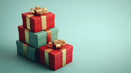 Obraz premium Colorful stacked presents adorned with golden ribbons on a pastel background for holiday celebrations and gift-giving moments