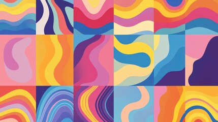 Obraz premium Abstract colorful background with fluid shapes and gradients in a grid pattern.