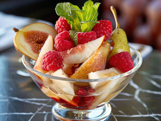 A gourmet fruit salad served in a high-end restaurant, with figs, raspberries, and pears delicately placed in a glass bowl, drizzled with a light syrup