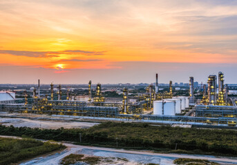 Obraz premium Industrial refinery at sunset with city skyline and idyllic evening sky