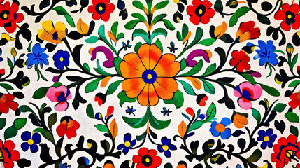 Vibrant floral pattern featuring colorful flowers and intricate leaves, showcasing seamless design that brings lively and artistic touch to any space