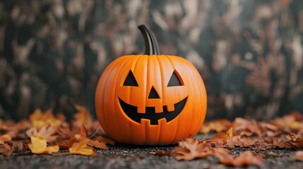 A carved pumpkin with a classic smile sits among autumn leaves, capturing the essence of Halloween festivities.