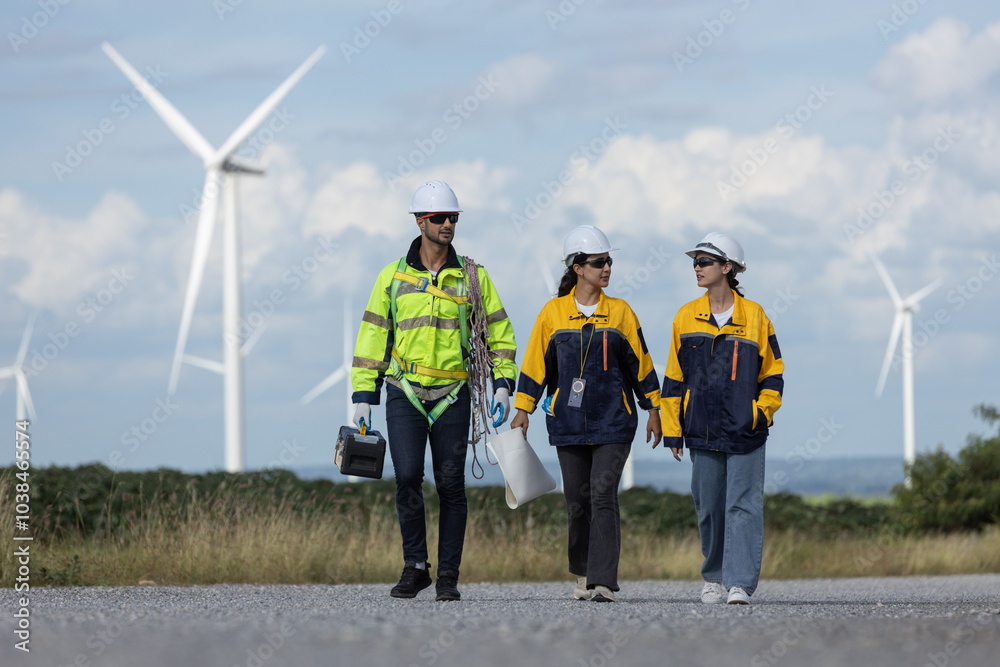 Fototapete Team engineer wind turbine worker safety uniform survey discuss operational planning windmill field clean energy. Alternative technology protect environment reduce global warming problems.