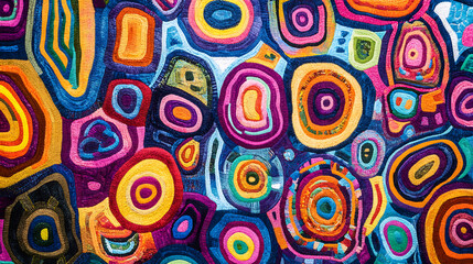 Fototapeta premium Vibrant Mola fabric pattern featuring colorful circular shapes and intricate designs, showcasing rich blend of colors and textures that evoke sense of creativity and cultural heritage