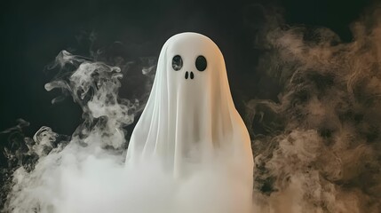 A ghostly figure shrouded in white drapery appears amidst a smoky background, creating an eerie and haunting atmosphere.