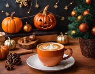 Fototapeta premium A hand drawn watercolor design with a gradient that transitions from orange (Halloween) through brown (Thanksgiving) to green and red (Christmas). There is a Halloween coffee with a jack-o-lantern