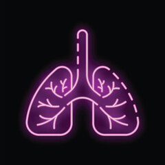 Neon icon of human lungs glowing on a black background