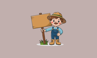Cute farmer holding a wooden signboard in a field.