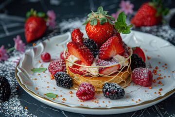A luxurious dessert featuring perfectly sliced strawberries and blackberries, topped with a delicate sugar cage and gold dust, placed on an elegant porcelain plate