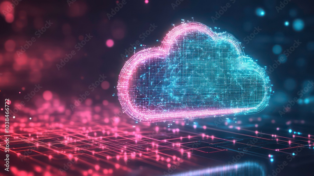 Poster abstract cloud computing concept with digital network and glowing particles.