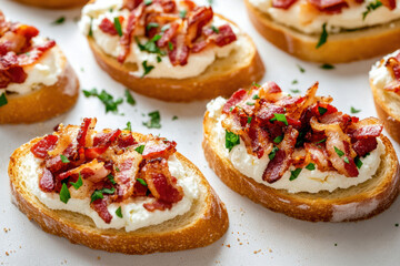 Marinated Peppers And Bacon Crostini Delicious, Light Background Top View. Prosciutto, Italian, Toast