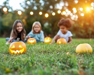A spooky Halloween treasure hunt kids and parents searching for clues in a pumpkin-filled yard