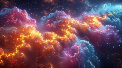 Fototapeta premium A vibrant cosmic scene showcasing colorful nebulae and swirling gases in space.