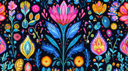Vibrant floral pattern featuring colorful flowers, leaves, and intricate designs on dark background, evoking sense of joy and creativity