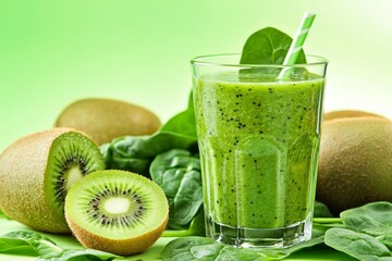 A glass of green kiwi smoothie with a straw surrounded by spinach and kiwi slices on a green gradient background