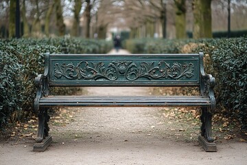 An antique bench in a public park in France. Generative Ai