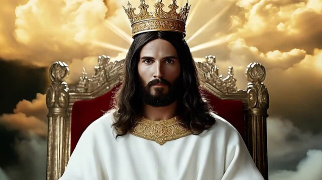 Jesus Christ depicted as King seated on a throne under divine light. Jesus Christ wearing a crown, symbolizing divinity and kingship. Religious video.