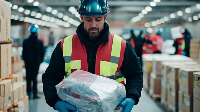 Warehouse worker in safety gear handling a package in a distribution center. Warehouse team member handling goods during a busy workday.