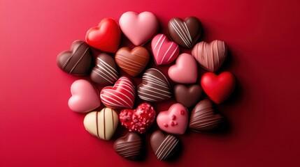 Assortment of heart-shaped chocolate candies on red background