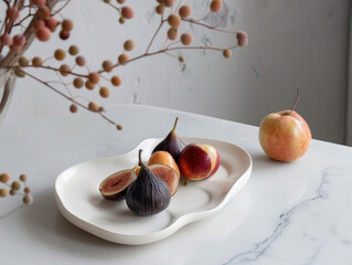 A modern ceramic fruit platter with minimalistic designs, featuring abstract ceramic fruits like apples and figs, placed on a white marble table