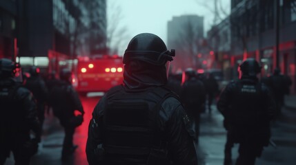 Riot police officer in dark uniform on city street