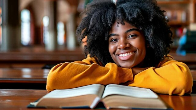 Young African American woman smiling with an open Bible inside a church. African American woman enjoying quiet Bible study in a sacred space.
