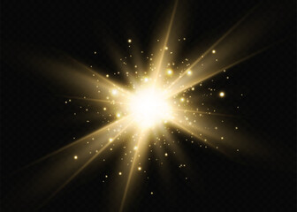 Naklejka premium Light effects, glare, glitter, explosion, golden light, Vector illustration. shining golden stars.