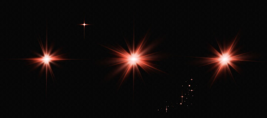 Light effects, glare, glitter, explosion, red light, vector illustration. shining red stars.