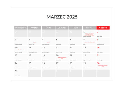 Kalendarium 2025 pl / imieniny / święta