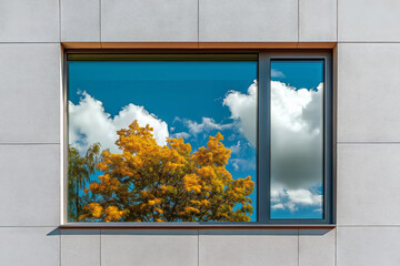 Exterior window view reflecting trees and clouds, minimalist interior design with bright accent colors inside.