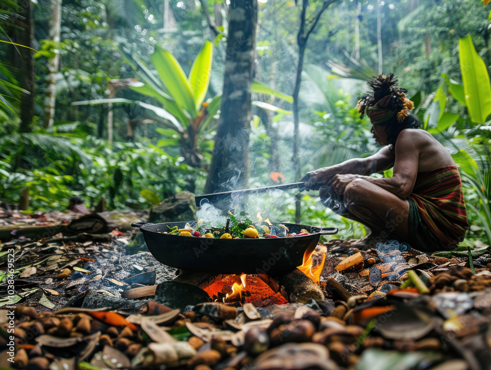 Wall mural a rare national dish being prepared over an open fire in the middle of a remote jungle, using indige