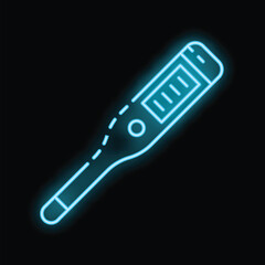 Blue neon icon of an electronic medical thermometer is glowing on a black background