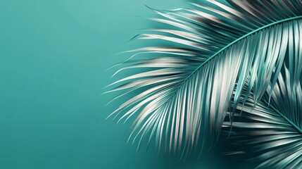 Fototapeta premium Close-up view of tropical palm leaves against a serene teal background, showcasing their intricate textures and vibrant colors.