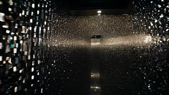 Camera slowly zooms in a dimly lit room with mirrored walls, creating a kaleidoscope effect with subtle movements and low key lighting