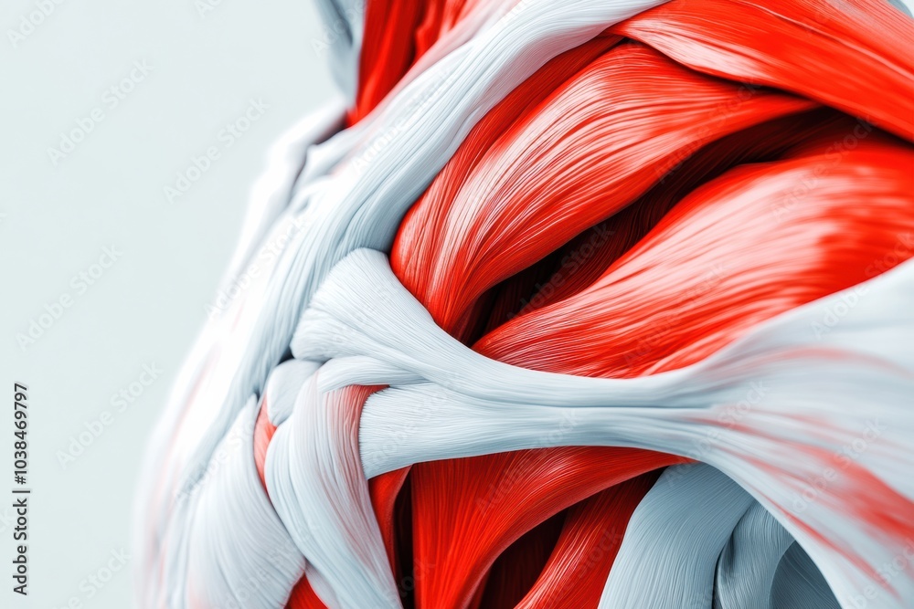 Poster This illustration highlights the intricate textures and patterns of a red and white muscle structure, emphasizing its detailed anatomy and design. Generative AI