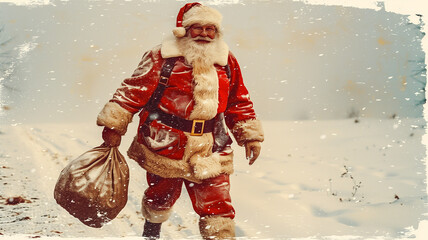 Obraz premium Santa Claus with a bag of gifts. Happy New Year. Holiday postcard. Xmas. Merry Christmas. 
