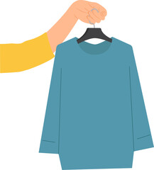 Hand holding blue sweater on a clothes hanger. Vector illustration with transparent background.