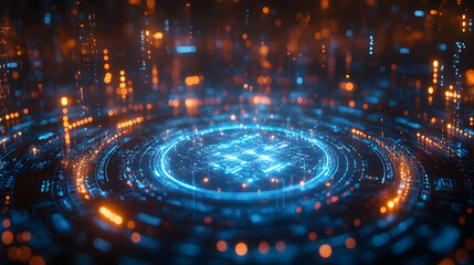 A mesmerizing digital display, featuring a circular interface surrounded by glowing lines and data streams. The image evokes a sense of futuristic technology and the vast interconnectedness