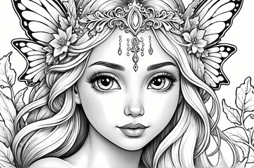 Fototapeta premium Fairy Tales: A coloring book illustration of a mischievous fairy with delicate wings and a playful smile