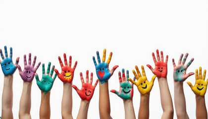 A group of children raises their hands, painted with bright colors and smiley faces, against a white background. The image evokes fun, creativity, and childhood joy.