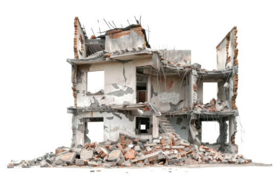 Collapsed Building with Rubble and Debris on Transparent Background