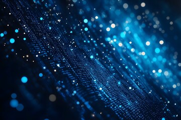 Fototapeta premium Blue glowing particles and digital data streams on a dark background and modern technology innovation