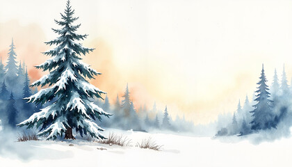 Fototapeta premium Lone snow-covered pine tree in a tranquil winter landscape at dawn