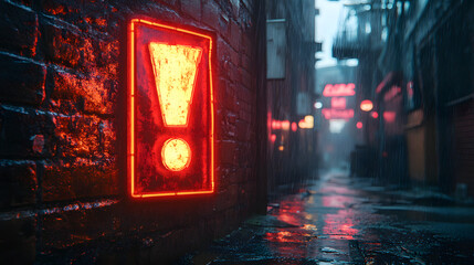 Neon exclamation mark sign illuminates a dark, rain-soaked alleyway, hinting at a hidden secret or impending danger.