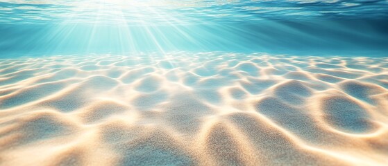 Underwater scene featuring soft sunlight filtering through crystal clear water, illuminating a sandy ocean floor with gentle waves.