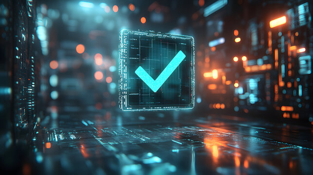 A glowing digital checkmark, hovering over a complex circuit board. The image symbolizes approval, verification, and the successful completion of a task or process.