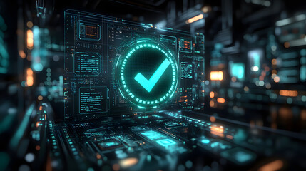 A glowing green checkmark, surrounded by a digital interface and circuit boards, appears on a futuristic screen. The image symbolizes security, verification, and the successful completion of a task or