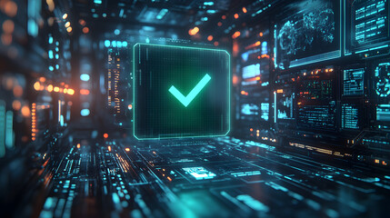A glowing green checkmark, surrounded by a digital landscape of circuit boards and data streams, symbolizes the successful completion of a task or process within a complex technological environment.
