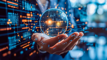 A close-up of a hand holding a glowing digital globe surrounded by intricate data and network lines. This image symbolizes global connectivity, futuristic technology, and innovation in the digital wor